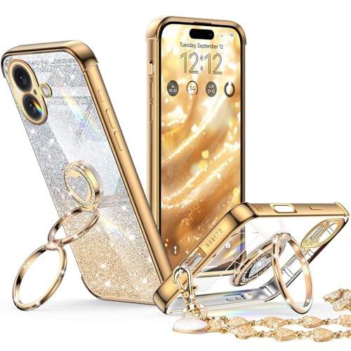 XYZ for iPhone 16 Plus Case with Stand Phone Case with Double Ring Kickstand Women Girls Bling Luxury Glitter Clear Phon