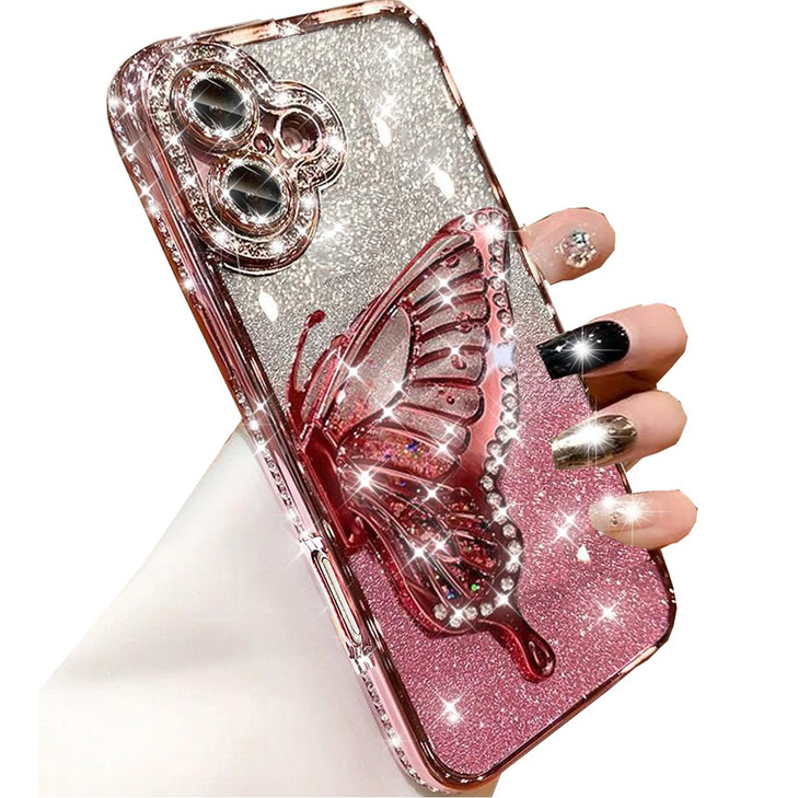 Changjia for iPhone 16 Glitter 3D Butterfly CaseCute Luxury Bling Sparkly Diamond Rhinestones Liquid Flowing Case with C