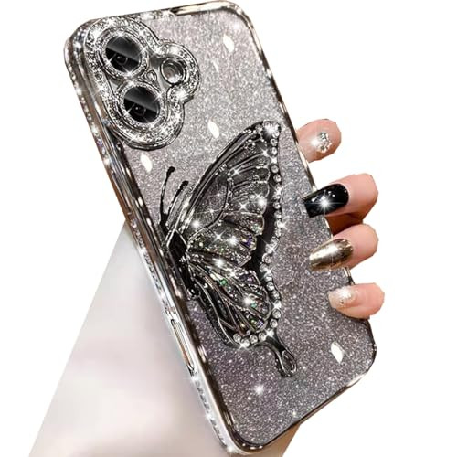 Changjia for iPhone 16 Plus Glitter 3D Butterfly CaseCute Luxury Bling Sparkly Diamond Rhinestones Liquid Flowing Case w