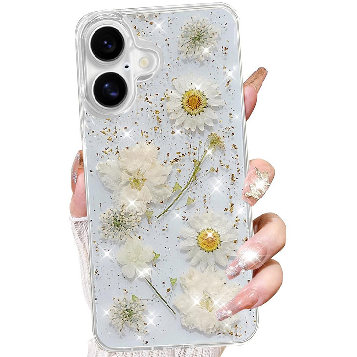 Changjia for iPhone 16 Plus Clear Glitter Floral CaseCute Pressed Real Flowers Design Bling Sparkly White Floral Soft Si