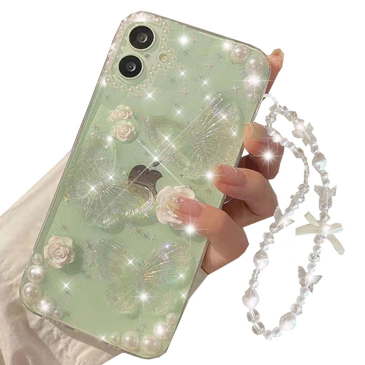 Changjia for iPhone 16 Plus Clear Glitter Case Cute 3D Butterfly Flowers Pearl Bling Sparkle Shiny with Wrist Strap Soft