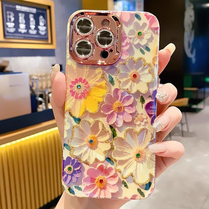 Changjia Floral Case for iPhone 16 Pro MaxCute Colorful Retro Oil Painting Printed Flower with Glitter Bling Sparkly Cam