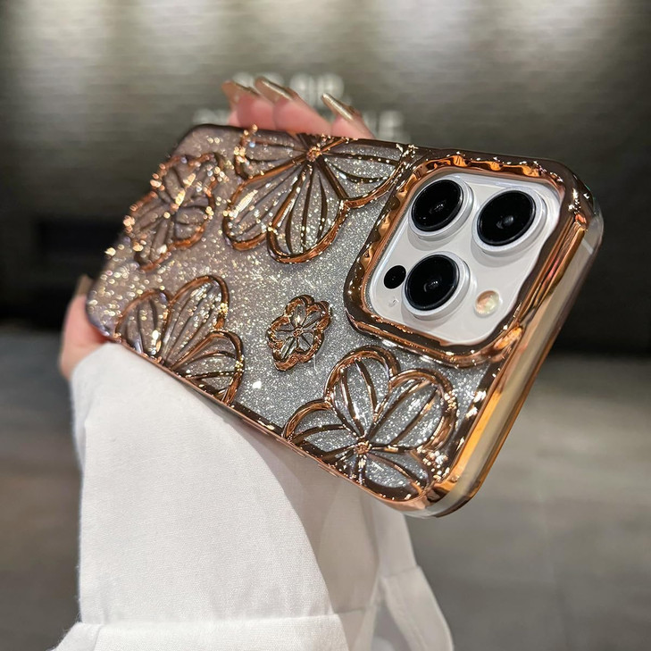 AuroiCCY for iPhone 16 Pro Max Plating Case with Bling 3D Floral Pattern Girly Woman Cute Soft TPU Silicone Gradient Gli