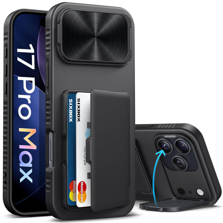 SIXBOX for iPhone 17 Pro Max Case Wallet Builtin Stand Card Holder Camera Cover Rugged Military Grade Protection Heavy D