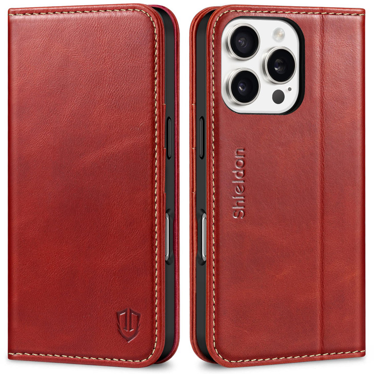 SHIELDON Wallet Case for iPhone 16 Pro 5G Genuine Leather Magnetic Book Cover RFID Blocking Card Holder Kickstand Shockp