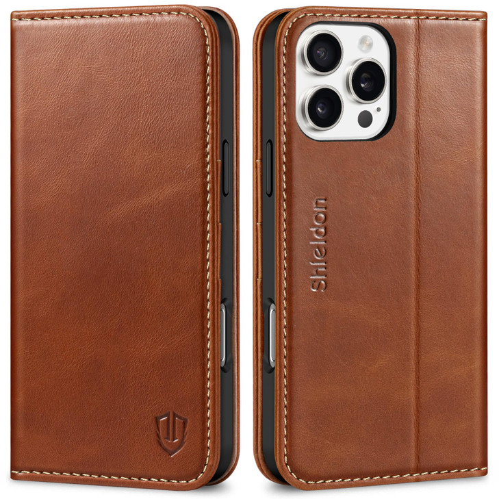 SHIELDON Case for iPhone 16 Pro Max 5G 2024 Genuine Leather Folio Wallet Magnetic Kickstand RFID Blocking Card Slots Sho
