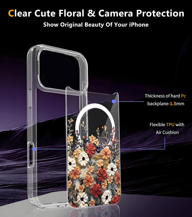 TXXO for iPhone 17 Pro Max Case Clear Cute Flowers for iPhone 17 pro max Phone Case Floral Compatible with MagSafe Slim