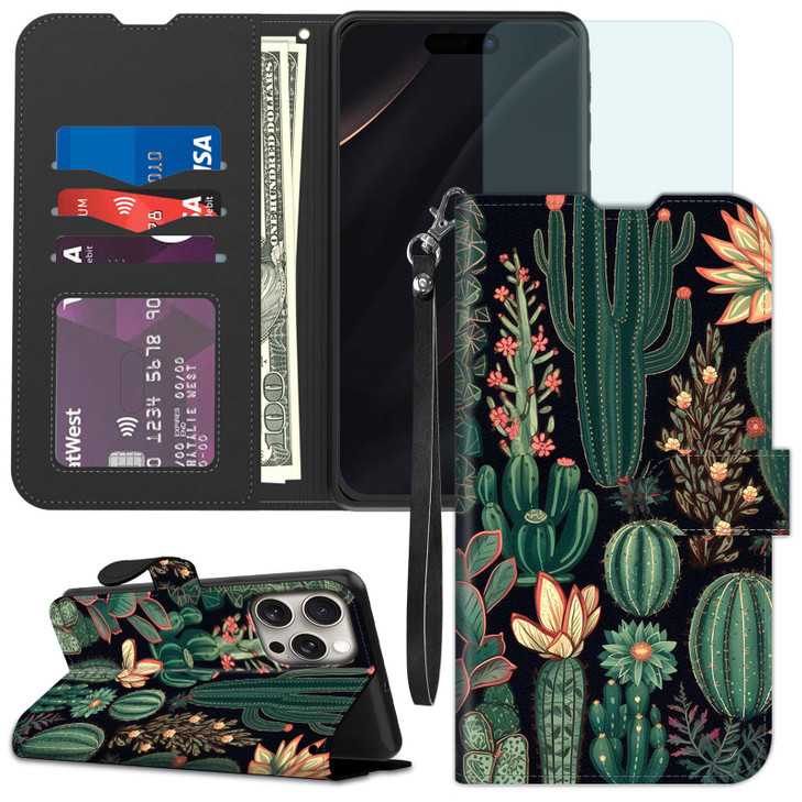 Qindaiwen for iPhone 16 Pro Max Wallet case with RFID Blocking Credit Card Holder Kickstand Folio Flip PU Leather Shockp