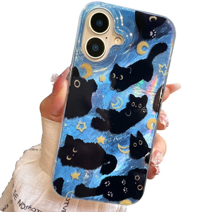 buccilly Compact Case for iPhone 16 Black cat DesignCute Trendy Soft Slim TPU Shockproof Protective Bumper Phone Cases C