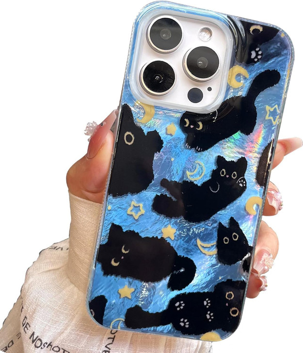 buccilly Compact Case for iPhone 16 Pro Max Black cat DesignCute Trendy Soft Slim TPU Shockproof Protective Bumper Phone