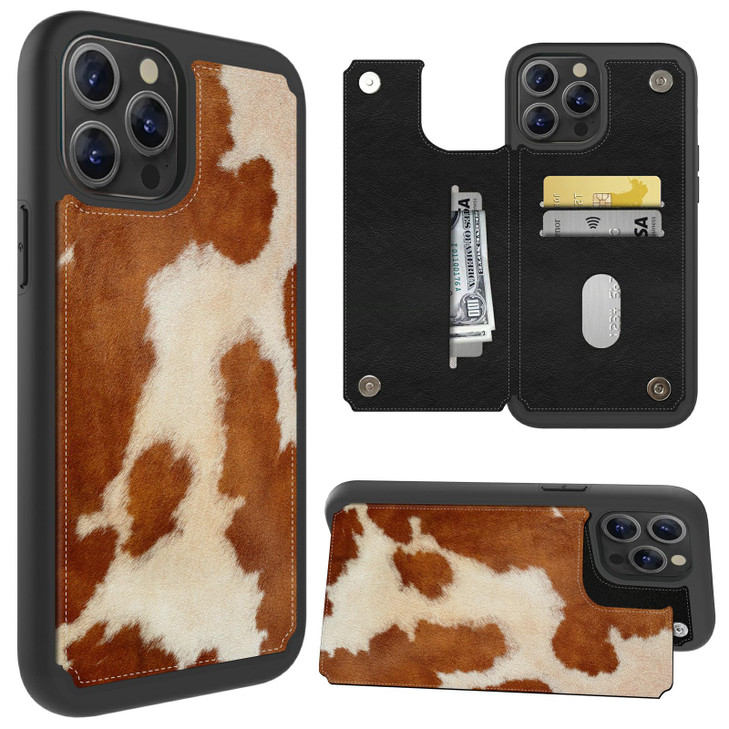 FUYOCWE Cases for iPhone 16 Pro Max Wallet Phone Case with Card HolderCow Hide Animal Print Brown PU Leather Kickstand C