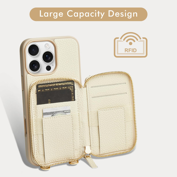 LAMEEKU for iPhone 16 Pro Max Wallet Case with Card Holder Zipper Leather Crossbody Case with Kickstand Wrist Strap Cove