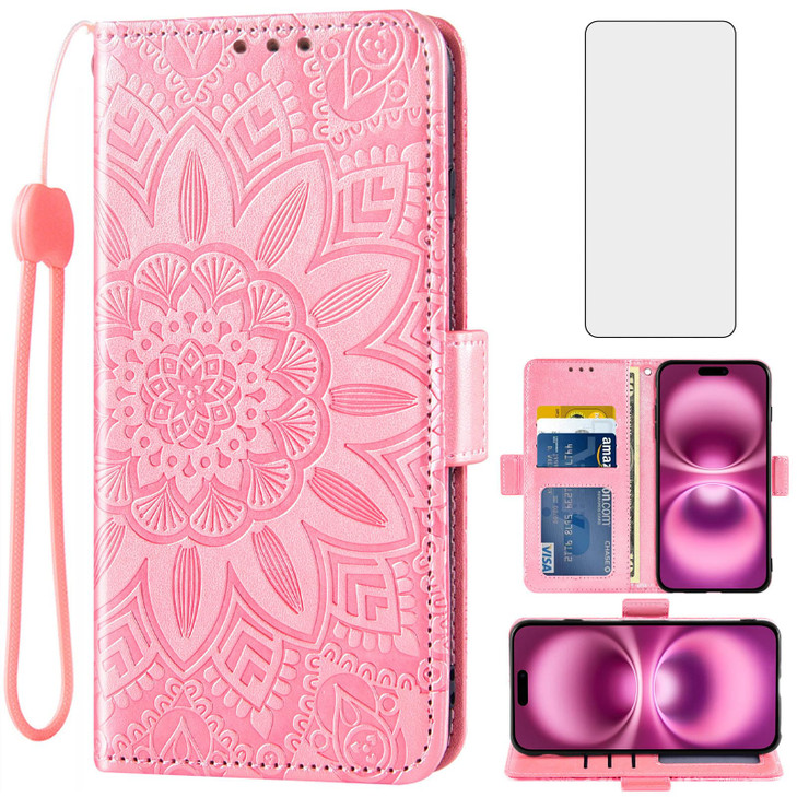 Asuwish Phone Case Compatible with iPhone 16 61 inch Tempered Glass Screen Protector and Flower Leather Wallet Flip Cove