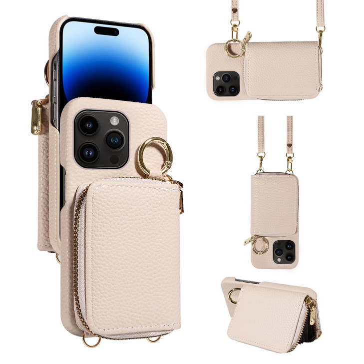 Furiet Wallet Case for iPhone 16 Pro 63 inch with Shoulder Strap Ring Buckle Luxury PU Leather Zipper Flip Organ Purse C
