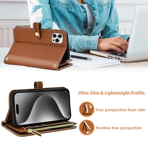 Furiet Floral Wallet Case for iPhone 16 Pro 63 inch with Wrist Strap Shoulder Strap Flip Zipper Purse Luxury PU Leather