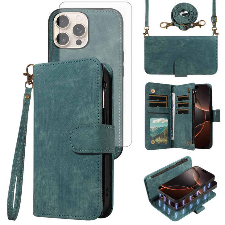 Asuwish Phone Case for iPhone 16 Pro 63 inch Zipper Wallet Detachable Magnetic Cover with Tempered Glass Screen Protecto