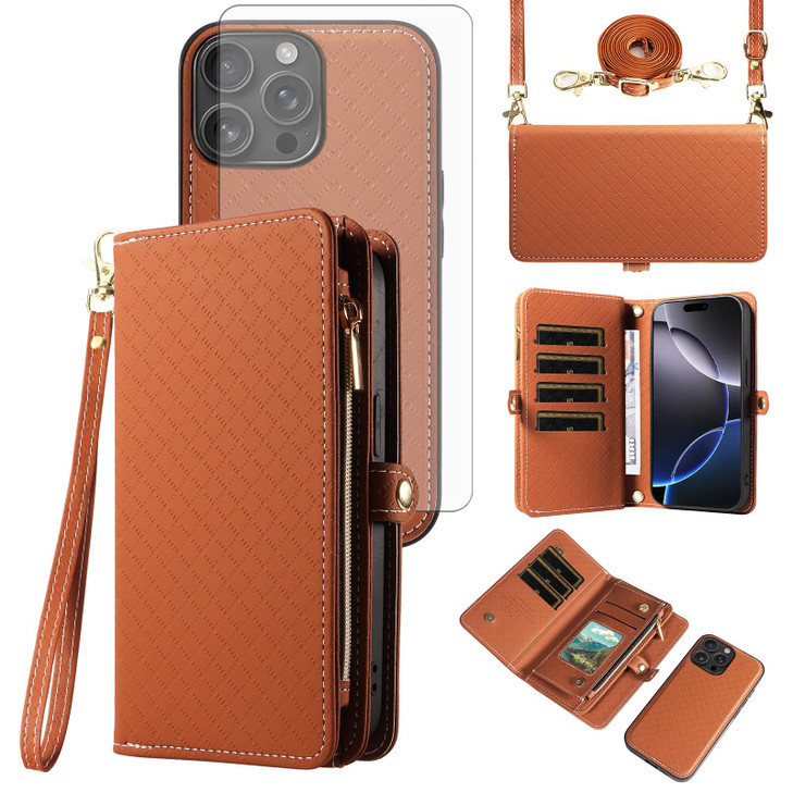 Asuwish Phone Case for iPhone 16 Pro Max 69 inch Zipper Wallet Detachable Cell Cover with Tempered Glass Screen Protecto