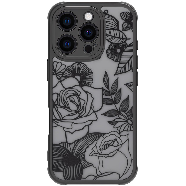 Dumkery Cute Flower Case Compatible with iPhone 16 Pro Max Case Rose Aesthetic Black Line Art Floral Pattern Print Slim