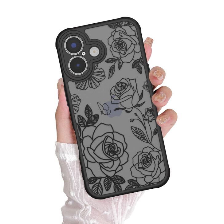 DYFYFKDI for iPhone 16 Plus Case Black Floral Girly Cute Aesthetic Flower Rose Pattern Case for Women Girls Slim TPU Bum