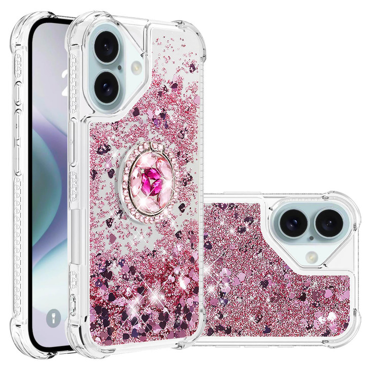 MEMAXELUS Case for iPhone 16 Case with Diamond Ring Stand for Women GirlsSparkly Flowing Liquid Quicksand Cover Shockpro