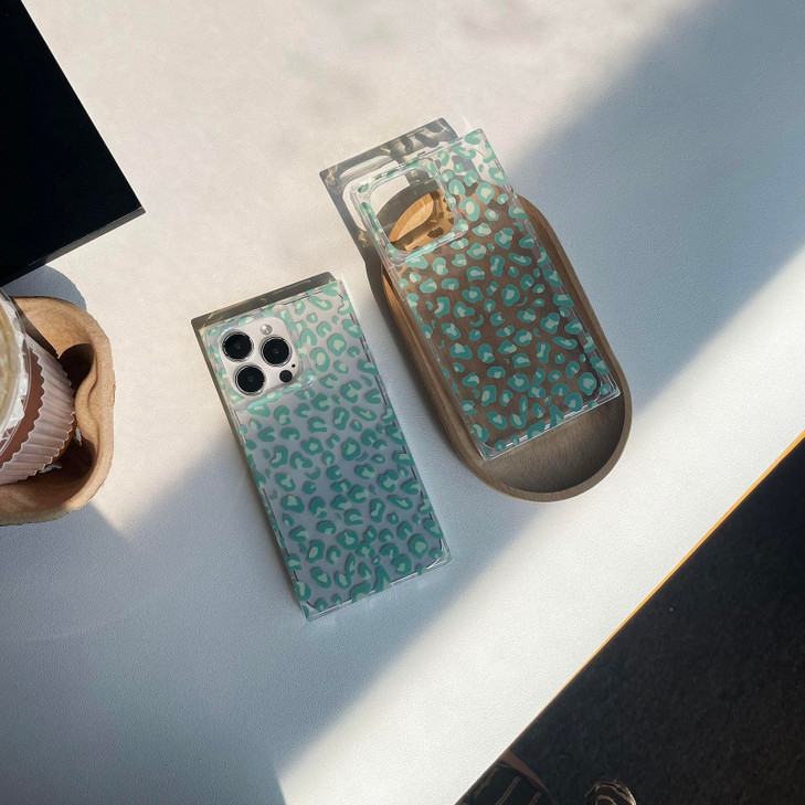 Green Cheetah Print Rectangled Clear Phone Case for iPhone 16 Pro Max 69inMint Leopard Tortoise Shell Transparent Rectan
