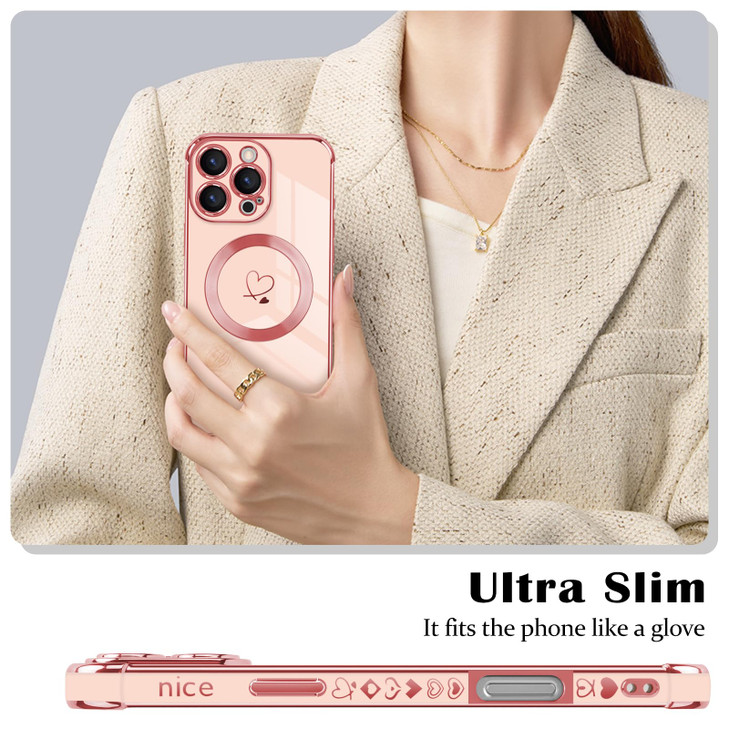 Newseego for iPhone 16 Pro Max Magnetic Case Luxury Cute Love Heart Pattern Plating Edge Case for Women Girls Soft TPU B