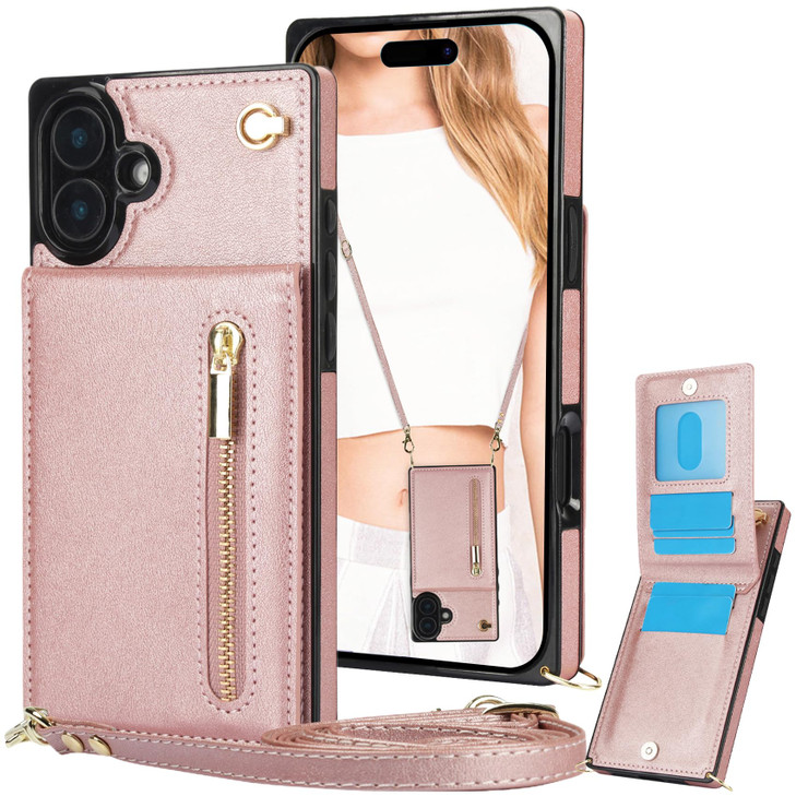 Fofvccv for Apple iPhone 16 Plus Case Wallet with Card Slots Holder for Women Crossbody Zipper Lanyard PU Leather Protec