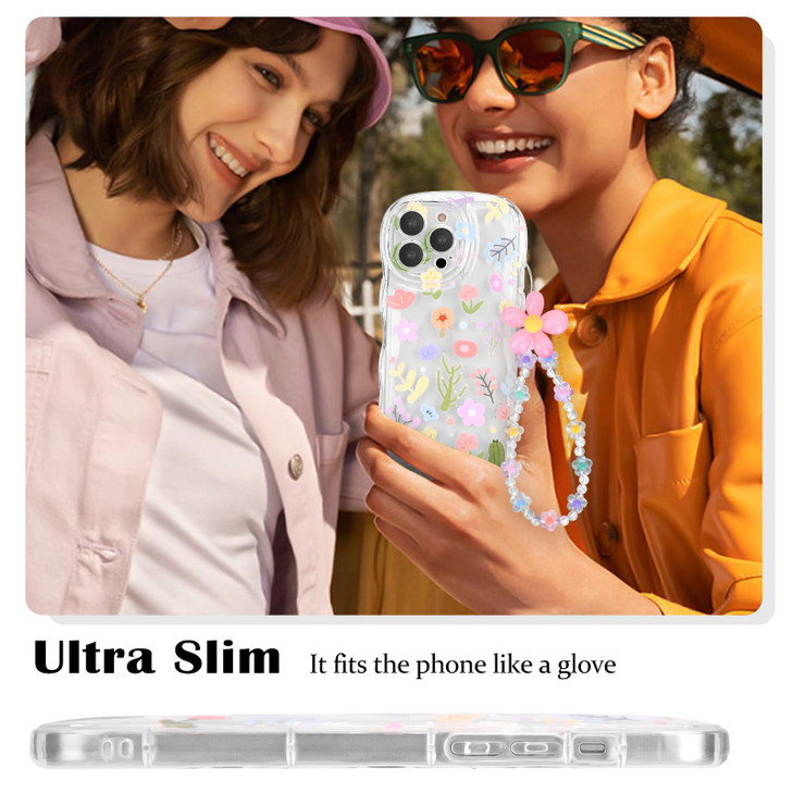 Newseego for iPhone 16 Pro Max Case Cute Colorful Flower Curly Wave Clear Case with Lovely Flower Bracelet Chain for Wom