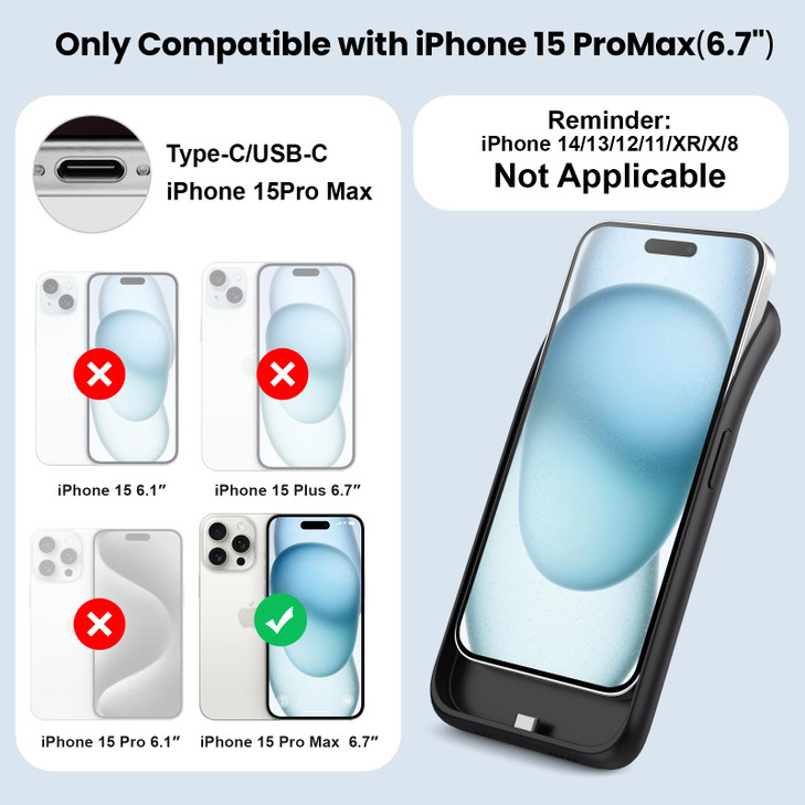 Battery Case for iPhone 15 Pro MaxPowerful 8600mah UltraSlim Protective Charging Case15W Fast Charging Portable Recharge