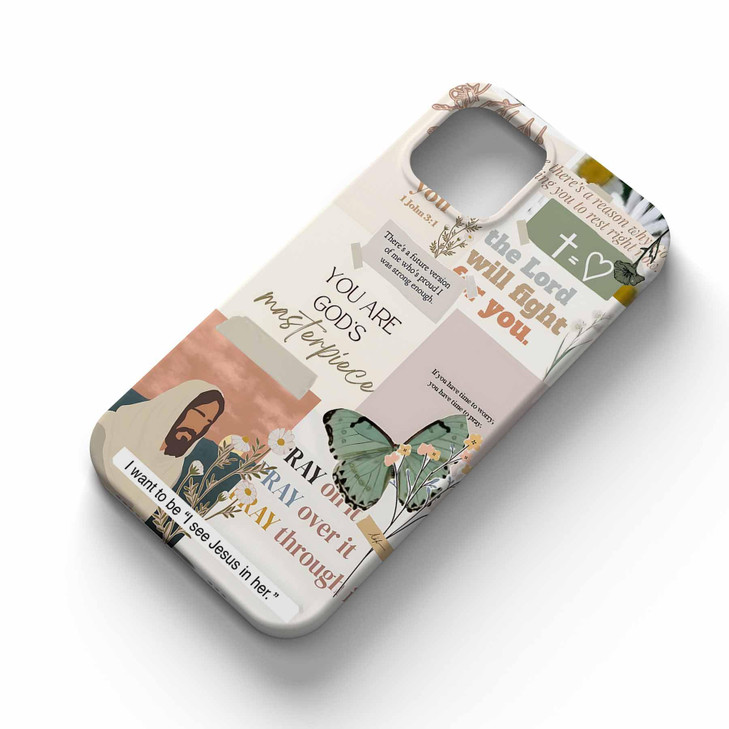 AOSSXIN Jesus Flowers Case for iPhone 16Christian Bible Verse Butterfly Collage Case for Men WomenSmooth Tough PC Full C