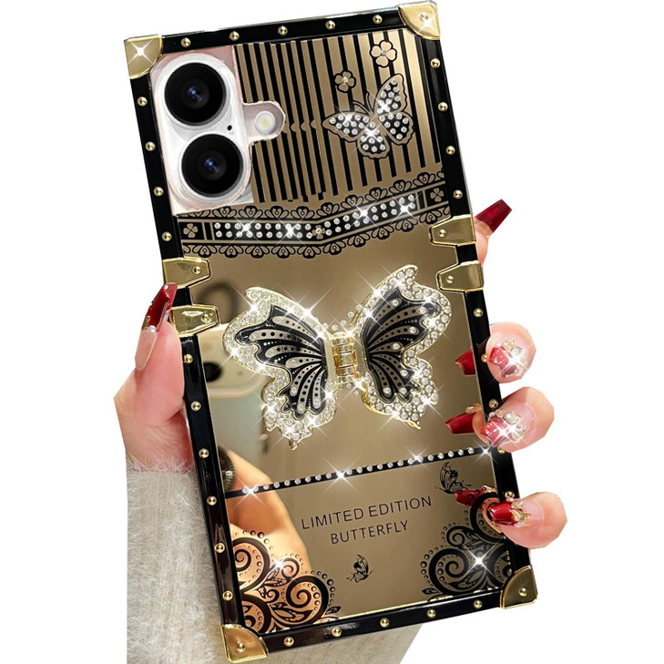 Changjia Glitter Kickstand Case for iPhone 16 Plus Cute Luxury Bling Sparkly Butterfly with Foldable Stand Elegant Mirro