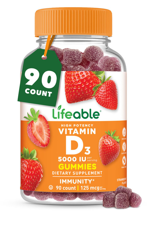 Vitamin D Gummies for Adults | 5000 IU | Great Tasting D3 Vitamin | Immune Support and Healthy Bones Vitamin D Supplement for Men, Women | 90 Gummies