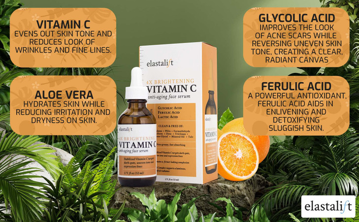 Elastalift Vitamin C Facial Serum For Age Spots, Wrinkles, & Expression Lines. Anti-Aging Face Serum W/Vitamin C & Hyaluronic Acid Brightens Skin To