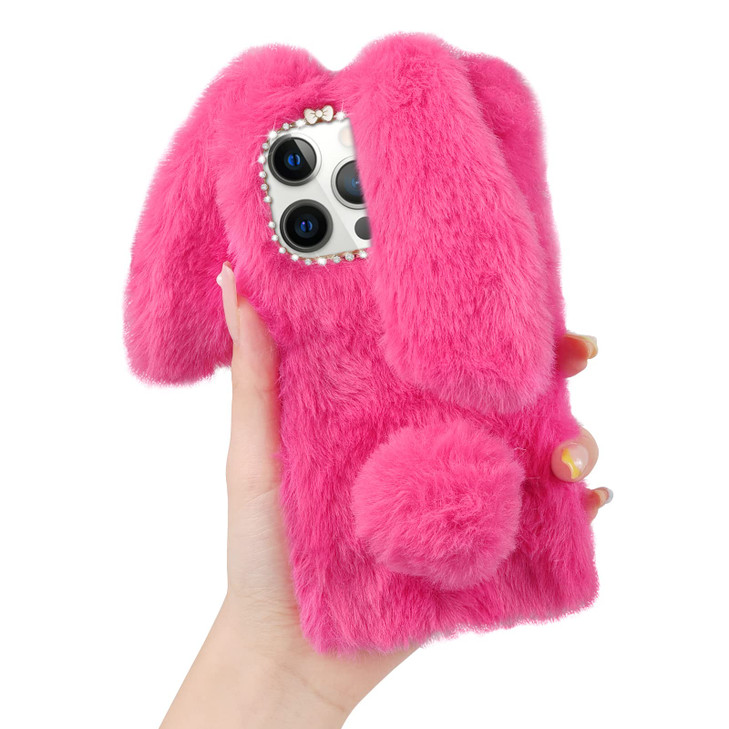 Omio Compatible with iPhone 16 Pro Max Rabbit Case Soft Fluffy Furry Cute Bunny Plush Rabbit Cover Warm Big Ear Bling Cr