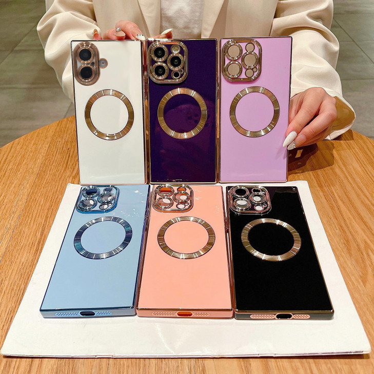 Omio Rectangle Case for iPhone 16 Plus Compatible with MagSafe Luxury Plating Case for Women Girls Magnetic Cover with R