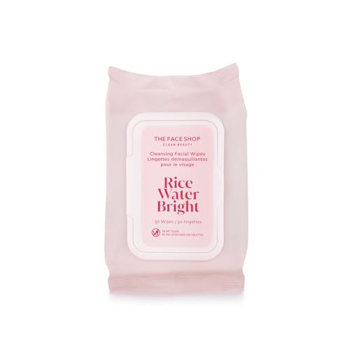 The Face Shop Rice Water Bright Makeup Remover Wipes for Face with Rice Extract, Brightening, Moisturizing, Infused with Cleansing Milk, Vegan Dispos