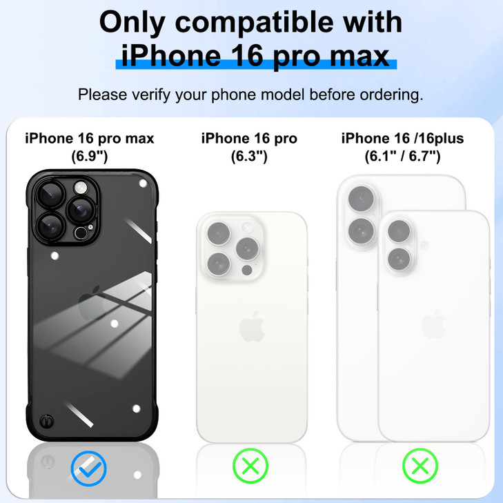 aidvaia Frameless Phone case Compatible with iPhone 16 Pro Max Case Transparent Electroplated Black Frameless Design wit