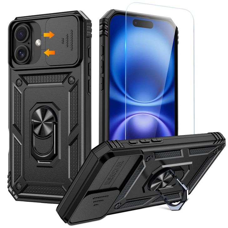 Goton Compatible for iPhone 16 Plus Case with Screen Protector Slide Camera Cover Protective Phone Case with Ring Stand
