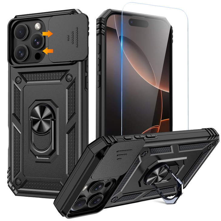 Goton Compatible for iPhone 16 Pro Max Case with Screen Protector Slide Camera Cover Protective Phone Case with Ring Sta