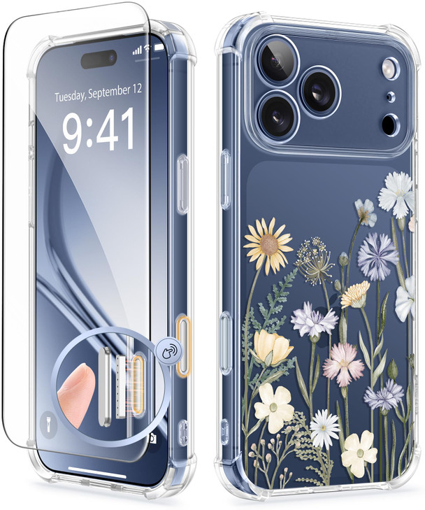 GVIEWIN for iPhone 17 Pro Case with Screen Protector Upgraded Full Camera Protection Non Yellowing Floral Slim Shockproo
