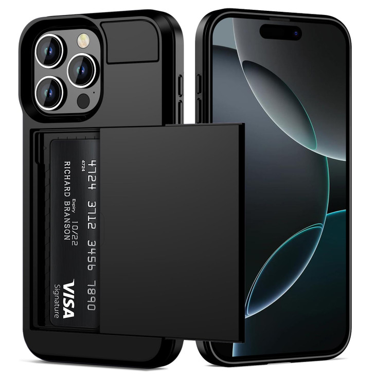 Vofolen Compatible with iPhone 16 Pro Case with Card Holder Dual Layer Heavy Duty Drop Protection Hidden Sliding Card Sl