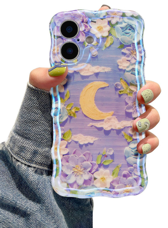 EYZUTAK Case for iPhone 16 Plus Colorful Retro Oil Painting Flower Moon Pattern Laser Cute Curly Wave Edge Exquisite Pho