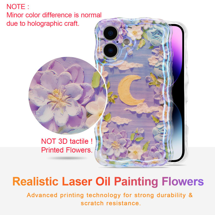 EYZUTAK Case for iPhone 16 Plus Colorful Retro Oil Painting Flower Moon Pattern Laser Cute Curly Wave Edge Exquisite Pho