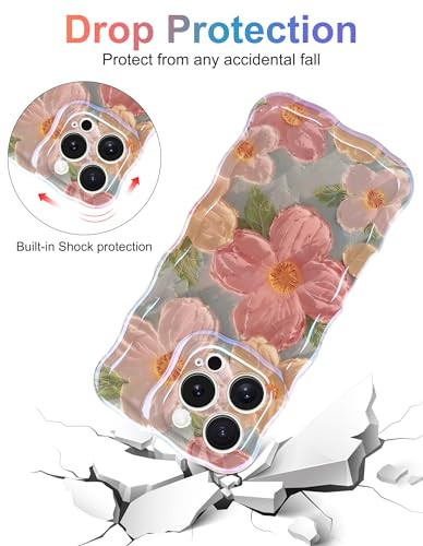 Jusy Case for iPhone 16 Pro Max Colorful Retro Oil Painting Printed Flower Laser Blue Glossy Pattern Cute Curly Wave Pho