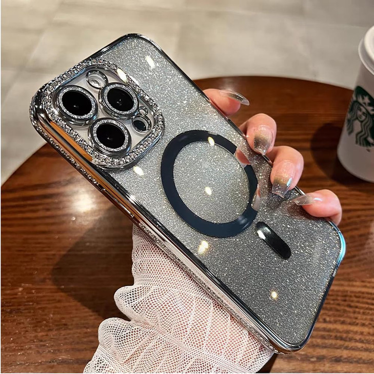 ZinLyuen Glitter Magnetic Case for iPhone 16 Pro Max Case Compatible with MagSafe Clear Bling Luxury Sparkly Diamond Cas