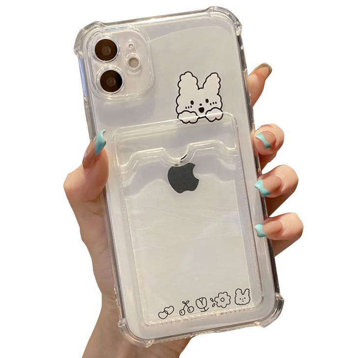 Casechics Compatible with iPhone CaseCute Kawaii Cartoon Bunny Bear Clear Credit Card Slot Holder Wallet Transparent Cor