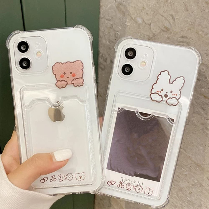 Casechics Compatible with iPhone CaseCute Kawaii Cartoon Bunny Bear Clear Credit Card Slot Holder Wallet Transparent Cor