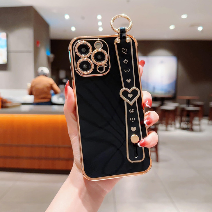 IDweel for iPhone 16 Pro Max Case with Adjustable Wristband Strap Kickstand Loop Heart Luxury PlatingRaised Corners Bump