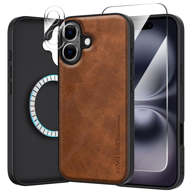 Xlevel for iPhone 16 CasePremium PU LeatherSoft TPU Bumperwith Screen Protector and Camera Lens ProtectorCompatible with