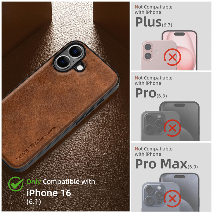 Xlevel for iPhone 16 CasePremium PU LeatherSoft TPU Bumperwith Screen Protector and Camera Lens ProtectorCompatible with